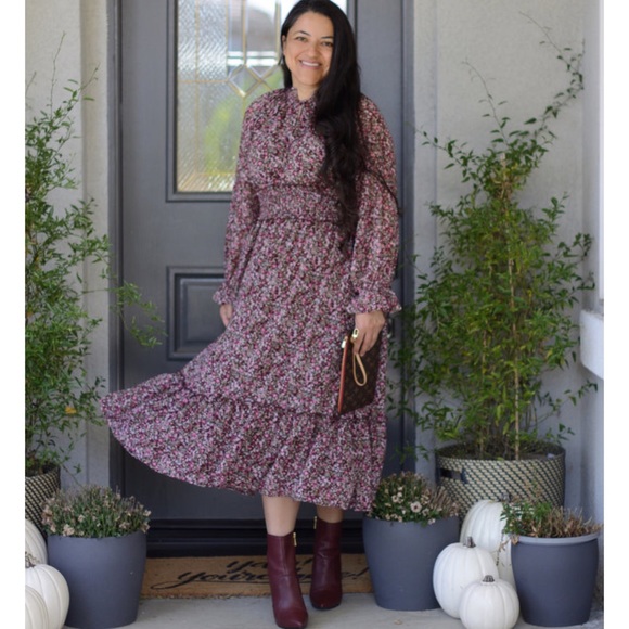 In Loom Burgundy Floral Dress - Picture 1 of 13